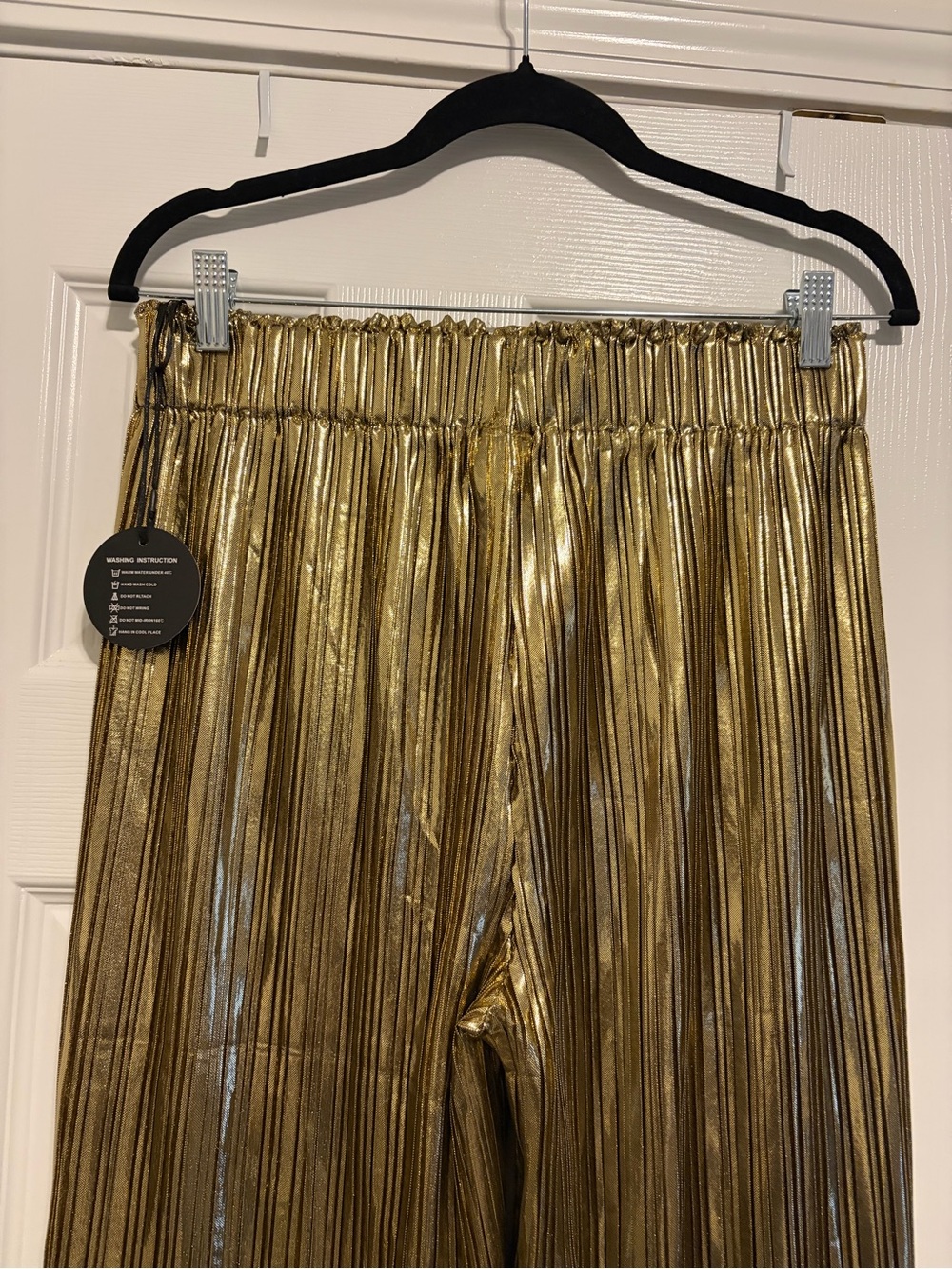 Shimmering Gold Pleated Elastic-Waist Pants